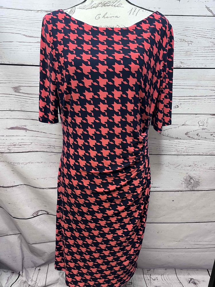 Anne Klein Navy Pink Pattern Dress Cinched Side Size 14